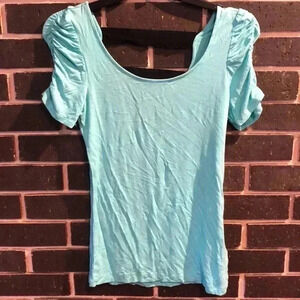 Forever 21 T Short Ruched Sleeve Aqua Blue Deep V Back Stretch Women’s Small